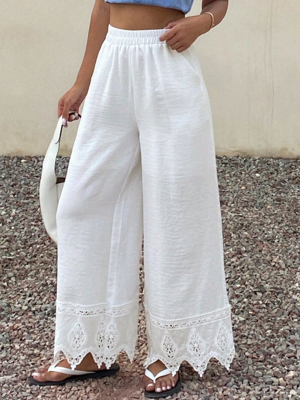 Beige Casual Women's Elastic Waist Contrast Lace Wide Leg Pants